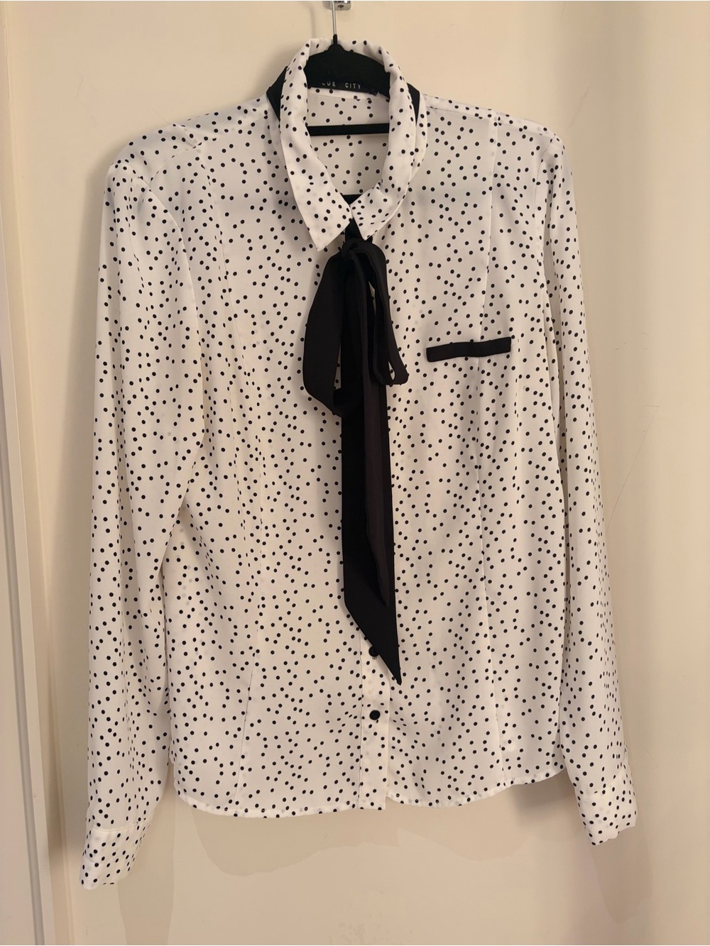 White and Black Tailored Polka Dot Tie-Neck Shirt